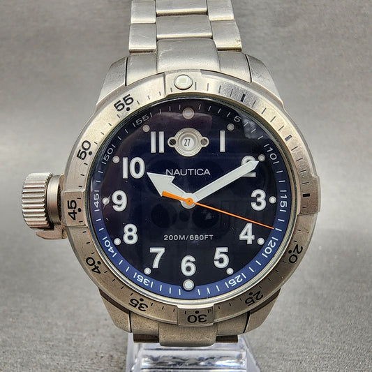 Nautica BFC Dive Watch Men 46mm Blue Dial Titanium Date Round A18521 New Battery