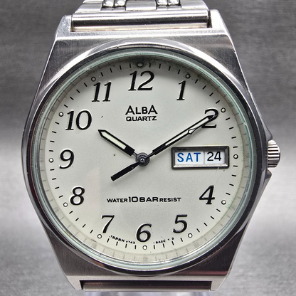 Seiko Alba Watch Men 35mm Silver Dial Silver Tone Daydate V743-8A10 New Battery1