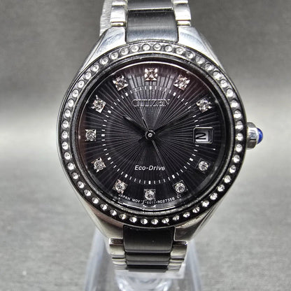 Citizen Eco-Drive Silhouette Crystal Watch Women 26mm Black Dial Steel Date Runs0
