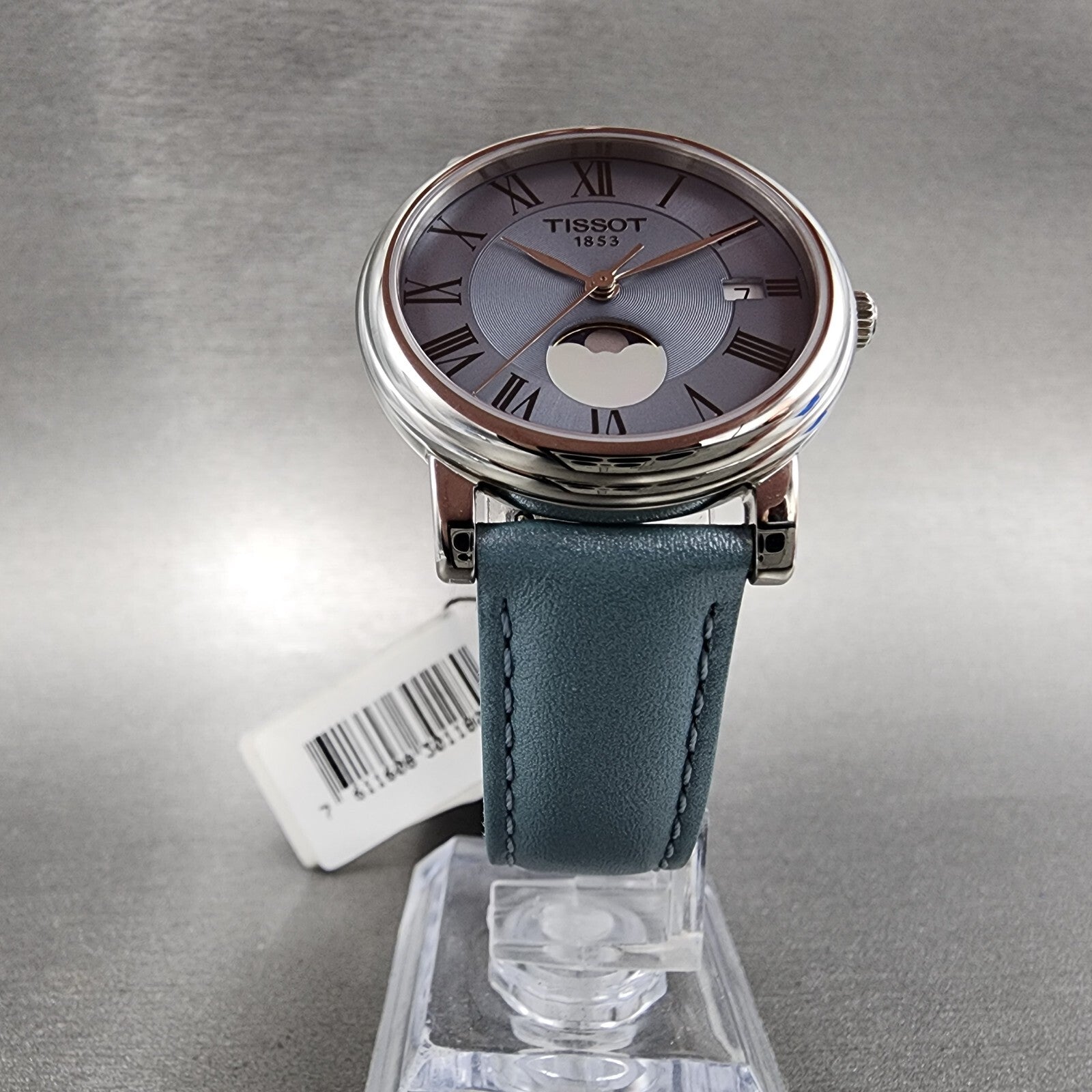 Tissot Carson Moonphase Watch Women 32mm Blue Dial Steel Date Round Leather Band5