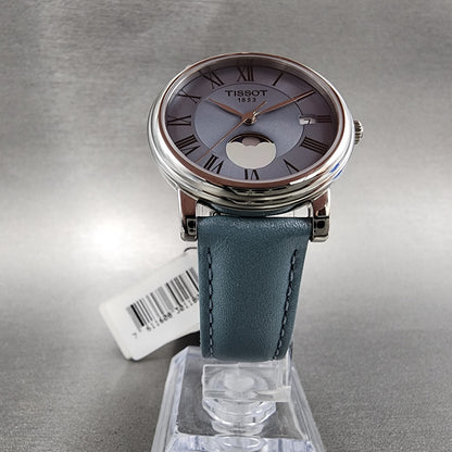 Tissot Carson Moonphase Watch Women 32mm Blue Dial Steel Date Round Leather Band5