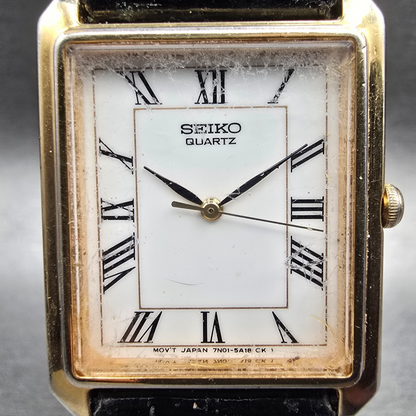 Seiko Tank Watch Men 26mm White Dial Gold Tone Rectangle 7N01-5A00 New Battery1