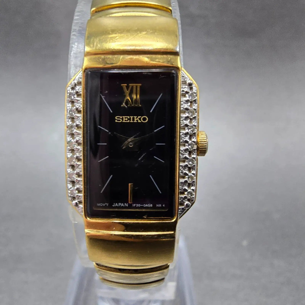 Seiko Tank Watch Women 15mm Black Dial Gold Diamond Bezel Rectangle  New Battery0