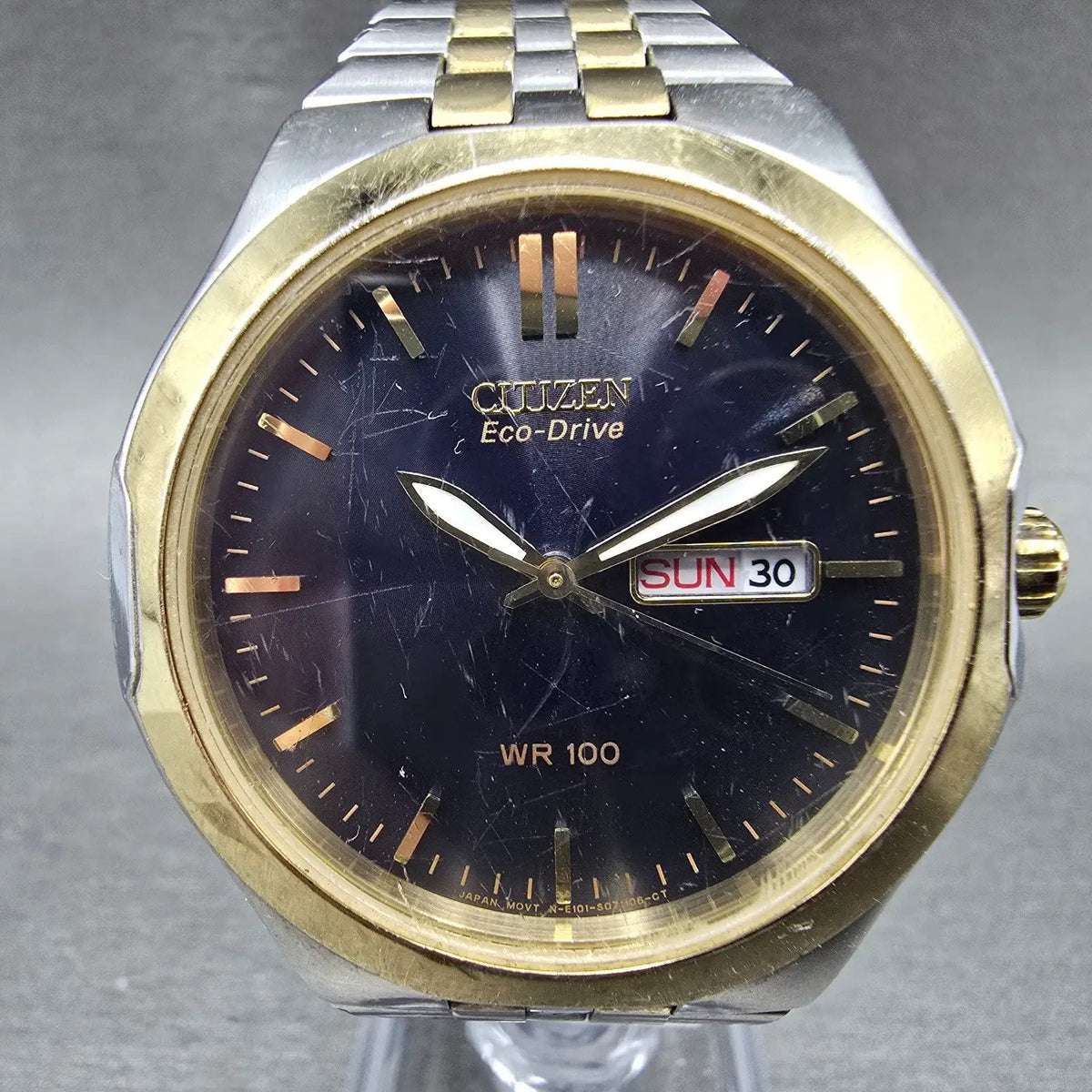 Citizen Eco-Drive Watch Men 39mm Black Dial Two Tone Daydate E101-S044294 WorksP0