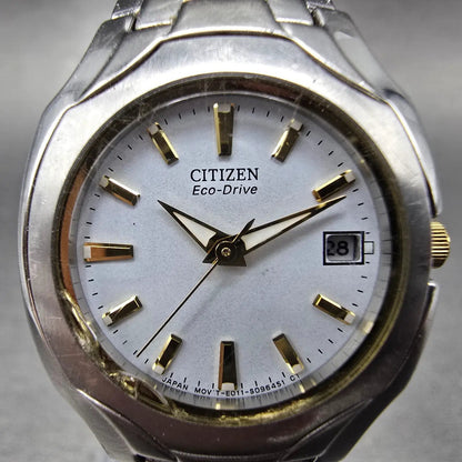 Citizen Eco-Drive Watch Women 25mm White Dial Two Tone Date Round E011 Works1