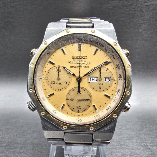 Seiko Sports 100 Watch Men 38mm Gold Dial Chrono Daydate 7A38-702A New Battery0
