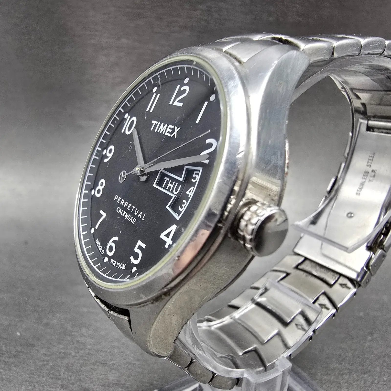 Timex Perpetual Calendar Watch Men 40mm Black Dial Silver Tone Daydate New Batt2