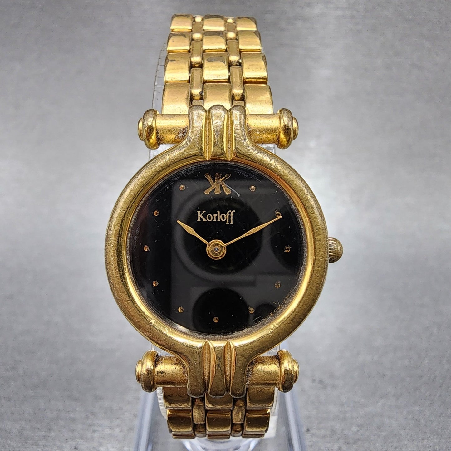 Korloff Watch Women 23mm Black Dial Gold Tone Round New Battery Vintage0