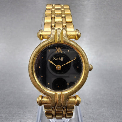 Korloff Watch Women 23mm Black Dial Gold Tone Round New Battery Vintage0