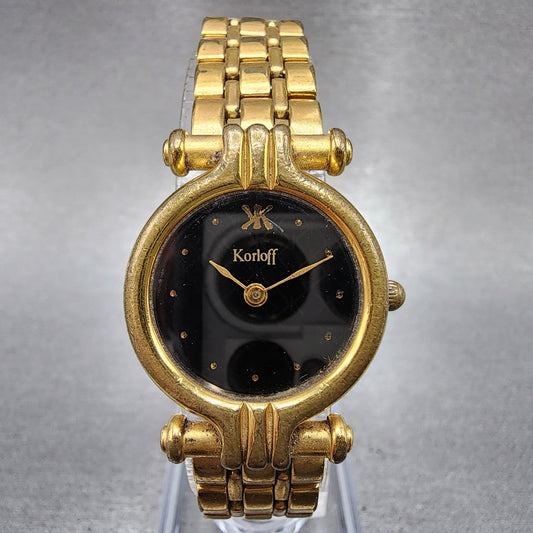 Korloff Watch Women 23mm Black Dial Gold Tone Round New Battery Vintage0
