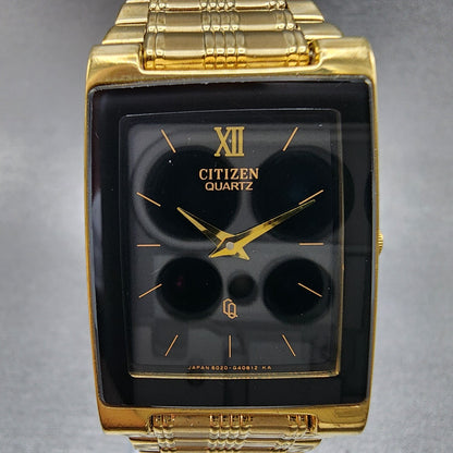 Citizen CQ Tank Watch Men 24mm Black Dial Gold Tone 1022-h14231 New Battery