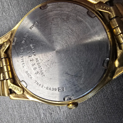Seiko Watch Men 35mm Gold Dial Gold Tone Daydate Round 7N43-8A39 New Battery VTG10