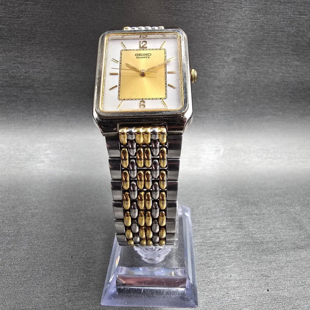 Seiko Tank Watch Men 26mm Gold Dial Two Tone Rectangle V701-5K99 New Battery VTG5