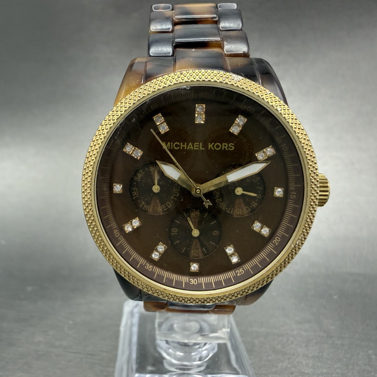 Michael Kors Watch Women 37mm Brown Dial Gold Tone Tortas Daydate New BatteryABC0