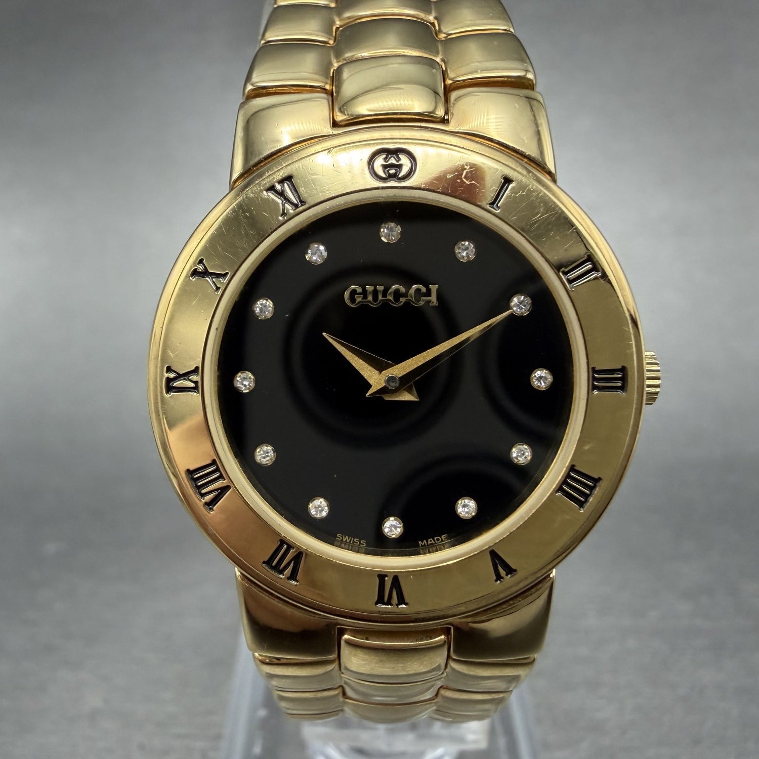 Gucci 3300L Watch Women 26mm Black Dial Gold Plated Round New Battery Vintage0