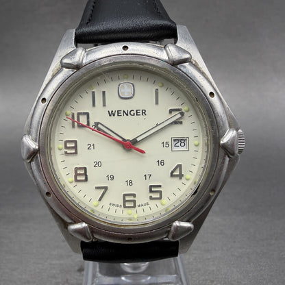Wenger Watch Men 41mm White Dial Steel Date Round 7311X Band New Battery0