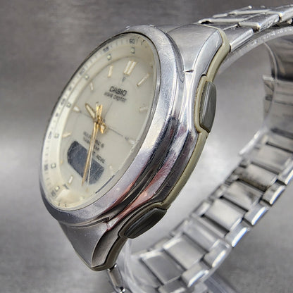 Casio Wave Ceptor Solar Watch Men 42mm White Dial Analog Digital Steel Runs