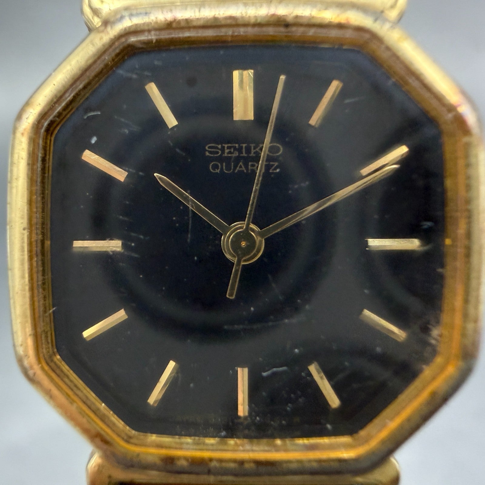 Seiko Watch Women 20mm Black Dial Gold Tone Octagon 2C21-5170 New Battery VTG FC1