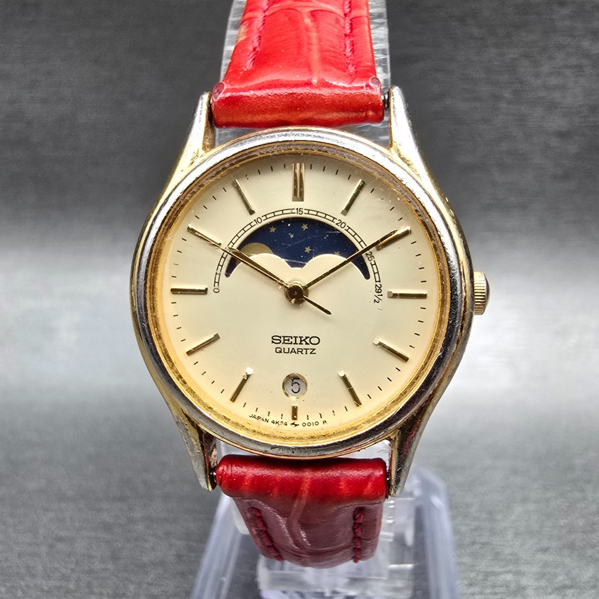 Seiko Moon Phase Watch Women 25mm Cream Dial Gold Tone Date 4K24-0019 New Batt0