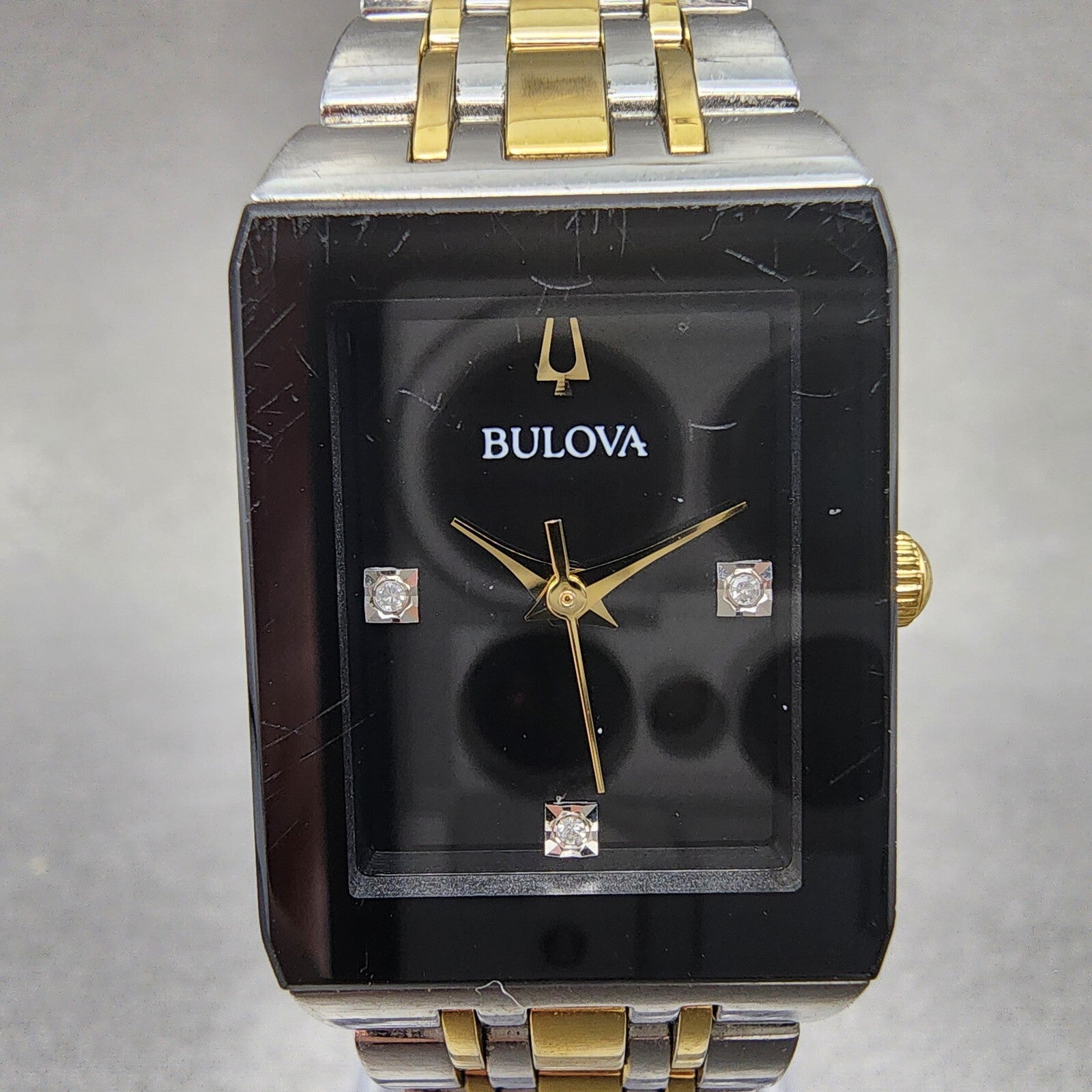 Bulova Quadra Tank Watch Women 21mm Black Dial Two Tone Date Rectangle Diamonds1
