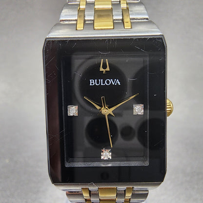 Bulova Quadra Tank Watch Women 21mm Black Dial Two Tone Date Rectangle Diamonds1