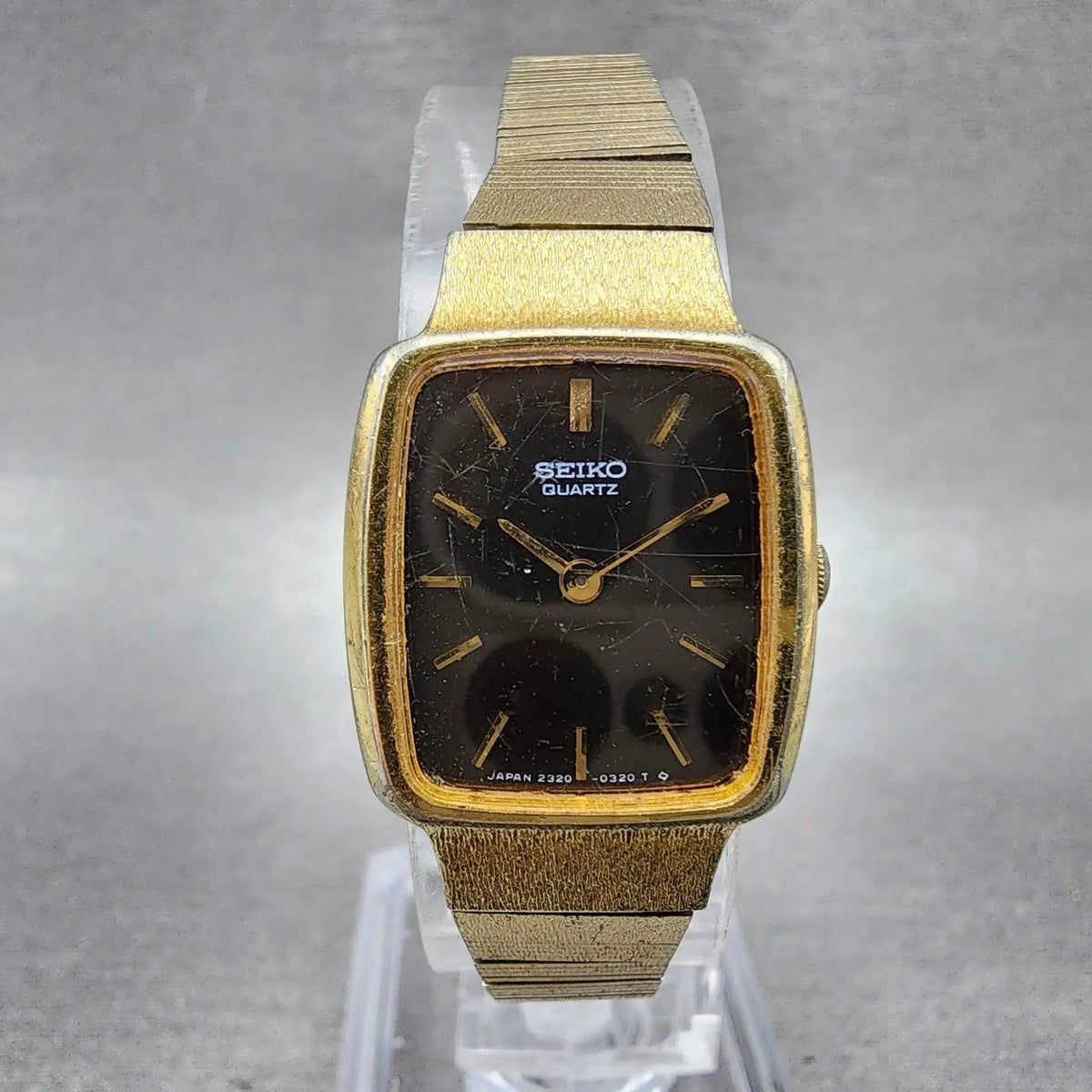 Seiko Tank Watch Women 18mm Brown Dial Gold Rectangle 2320-5229 New Battery VTG0
