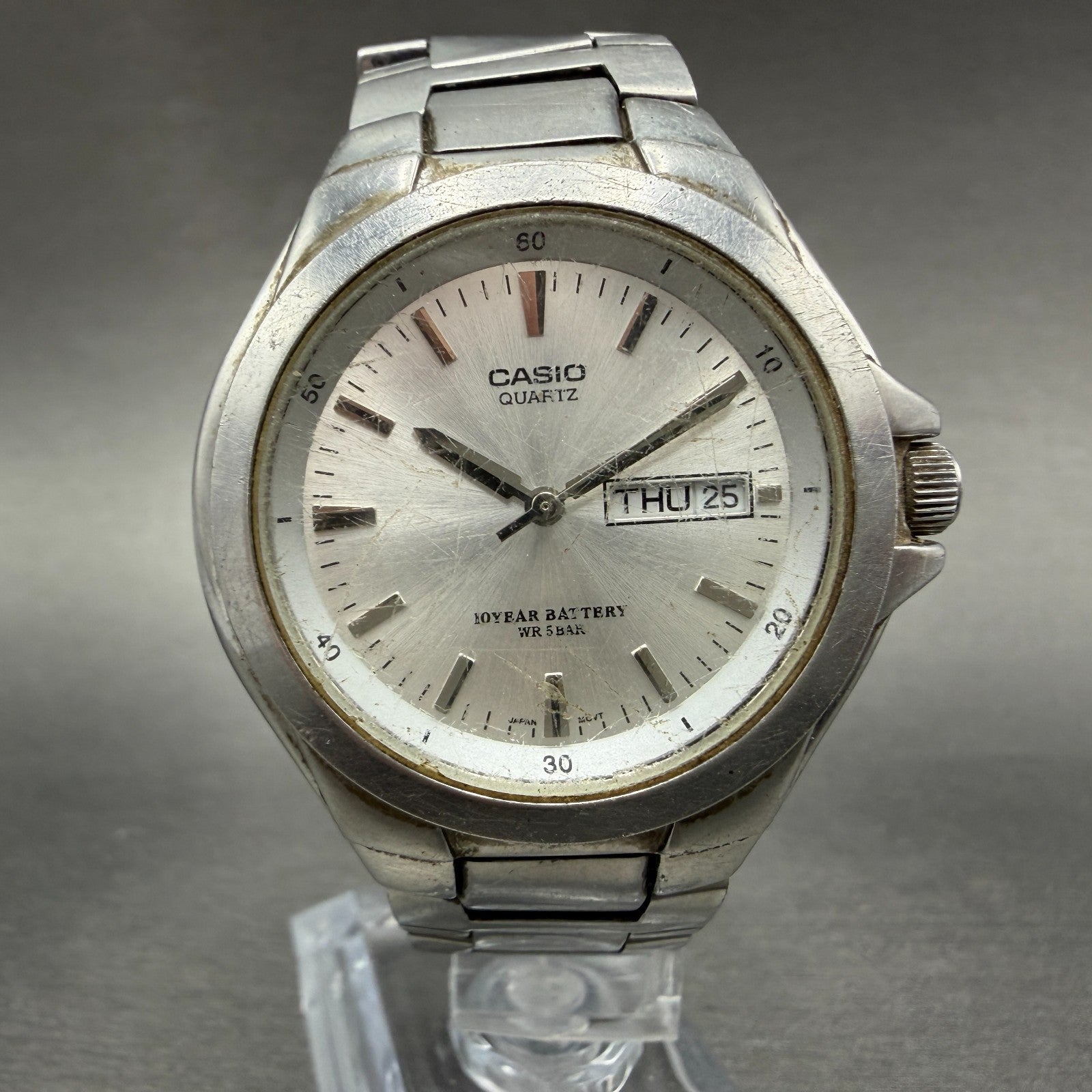 Casio Watch Men 38mm Silver Dial Silver Tone Daydate MTP-1228DJ New Battery0