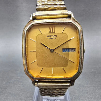 Seiko Watch Men 30mm Gold Dial Gold Tone Rectangle 7433-5009 PARTS Vintage0