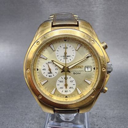 Seiko Chronograph Watch Men 39mm Champagne Dial Gold Tone Date New Battery0