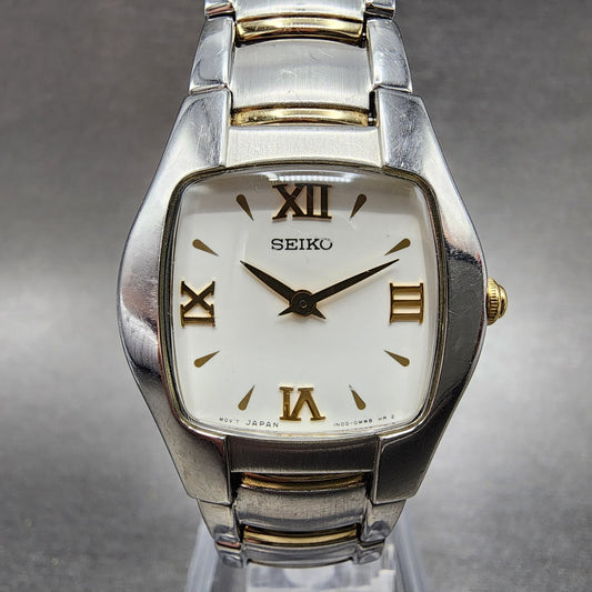 Seiko Watch Women 26mm White Dial Two Tone Rectangle 1N00-0JC0 New Battery