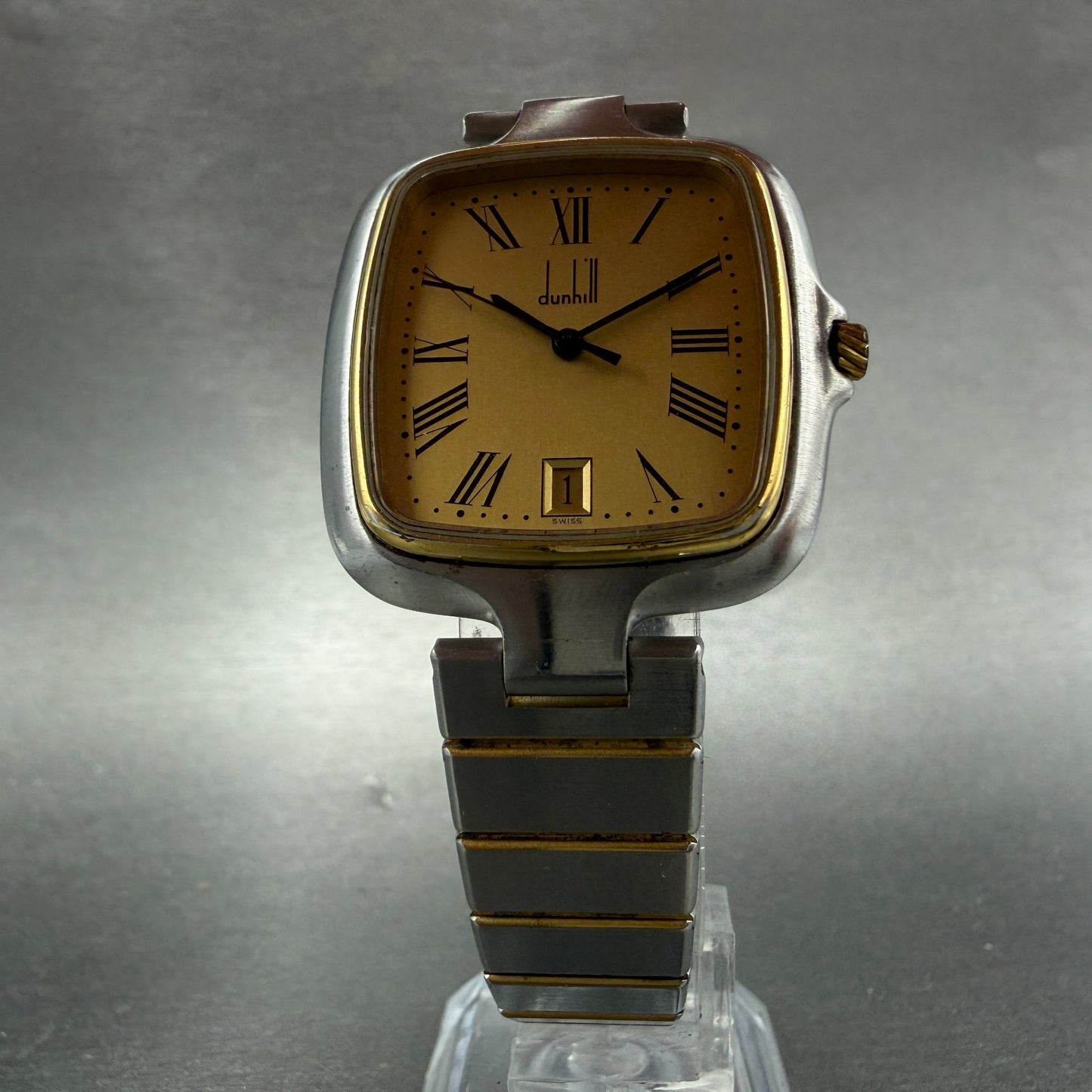 Dunhill Millennium Watch Men 31mm Gold Dial Two Tone Date Rectangle New Battery5