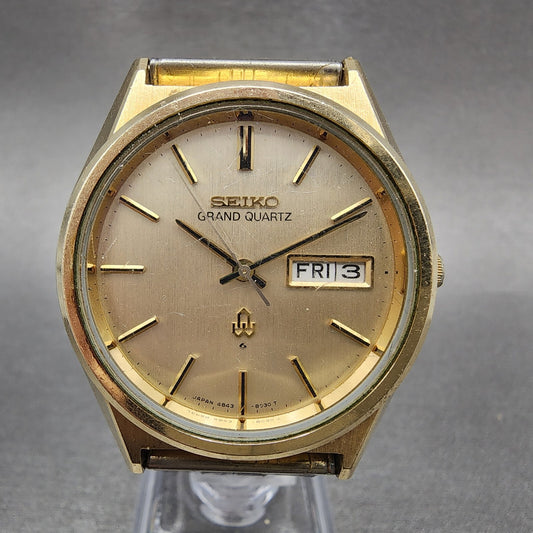 Seiko Grand Quartz Watch Men 38mm Champagne Dial Gold Tone Daydate New Bat