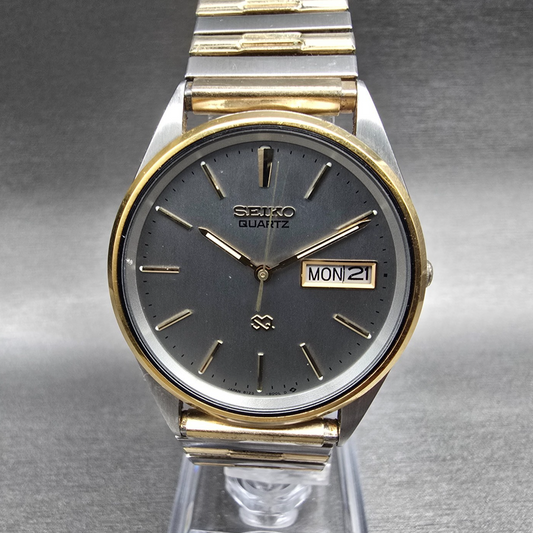 Seiko SQ Watch Men 34mm Gray Dial Two Tone Daydate Round 8123-8009 New Battery0