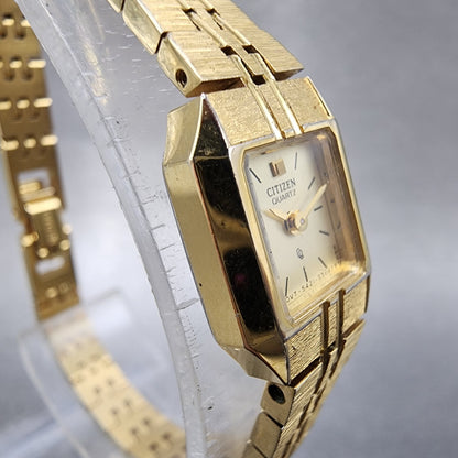 Citizen CQ Tank Watch Women 13mm Champagne Dial Gold Tone 5421S18531 New Batt3