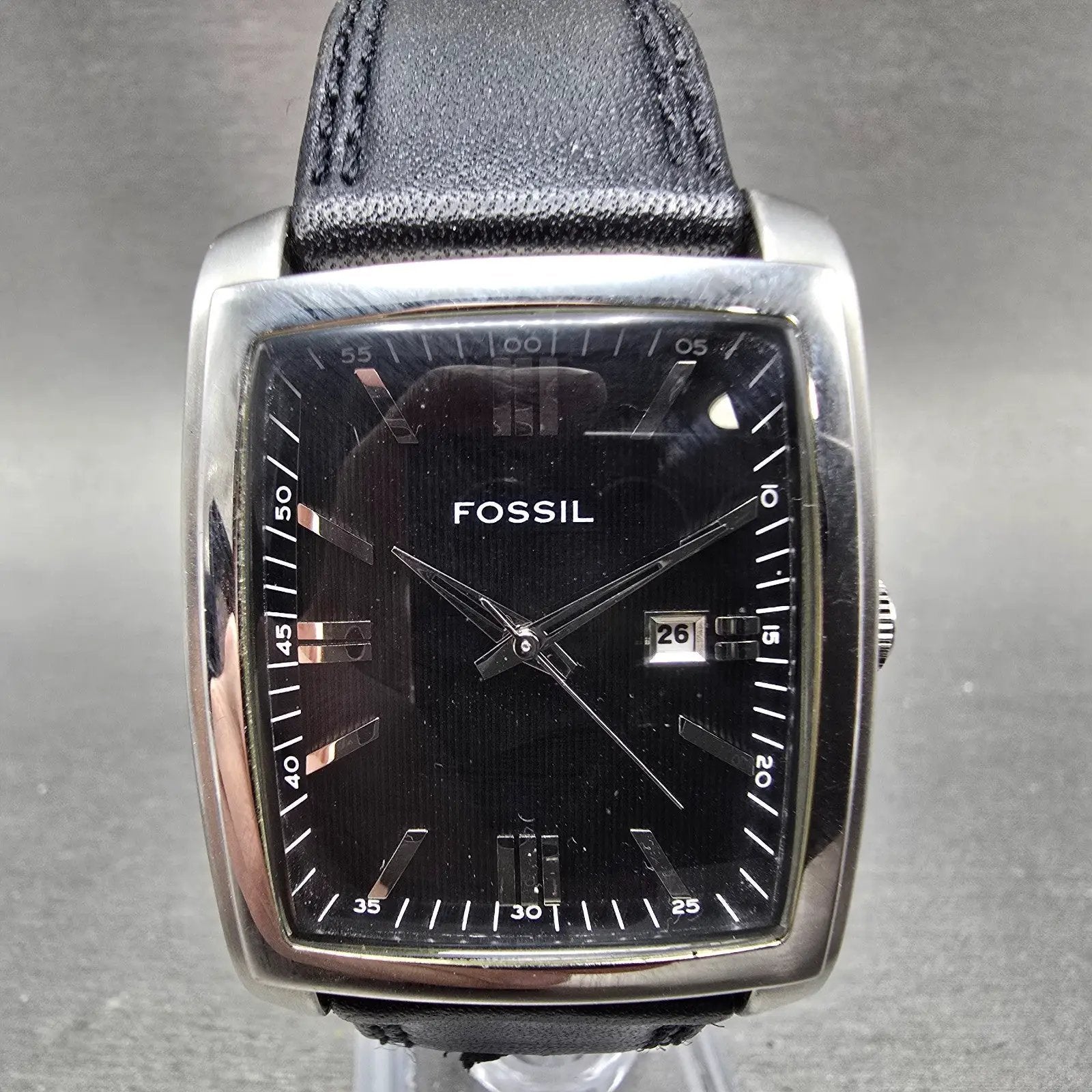 Fossil Tank Watch Men 33mm Black Dial Silver Tone Date PR-1693 New Battery0