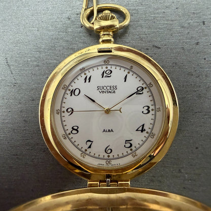 Seiko Alba Success Pocket Watch Men 42mm White Dial Gold Tone V701-0A10 New Batt0