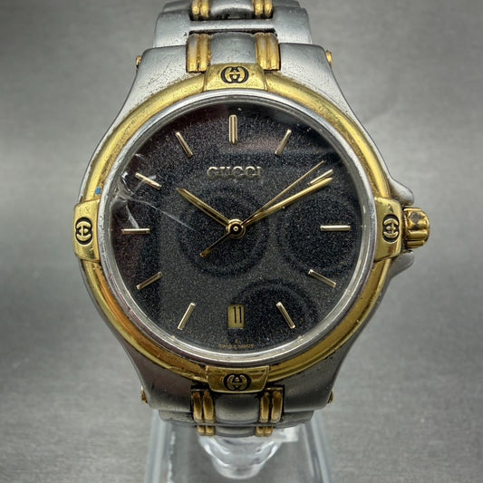 Gucci 9040M Watch Men 35mm Gray Dial Two Tone Date NO BACK PARTS New Battery0