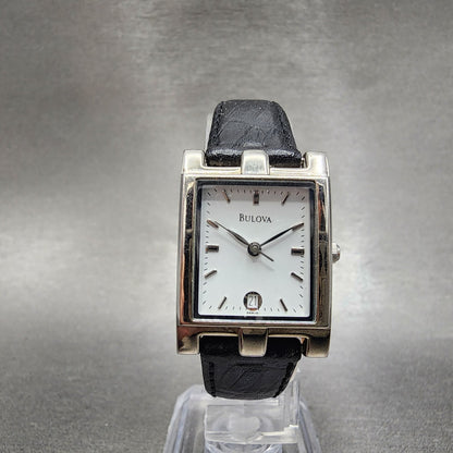 Bulova Tank Watch Women 21mm White Dial Silver Tone Date Rectangle New Battery