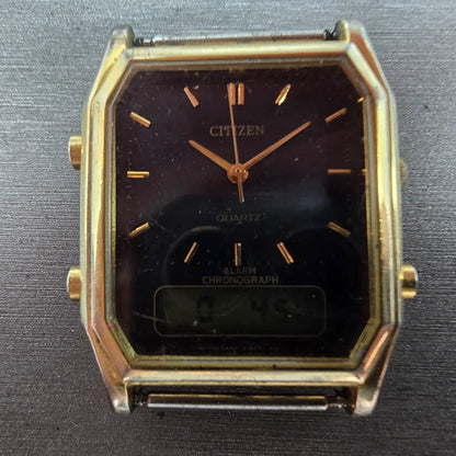 Citizen Analog Digital Watch Men 29mm Black Dial Gold Tone Alarm Chrono PARTS2