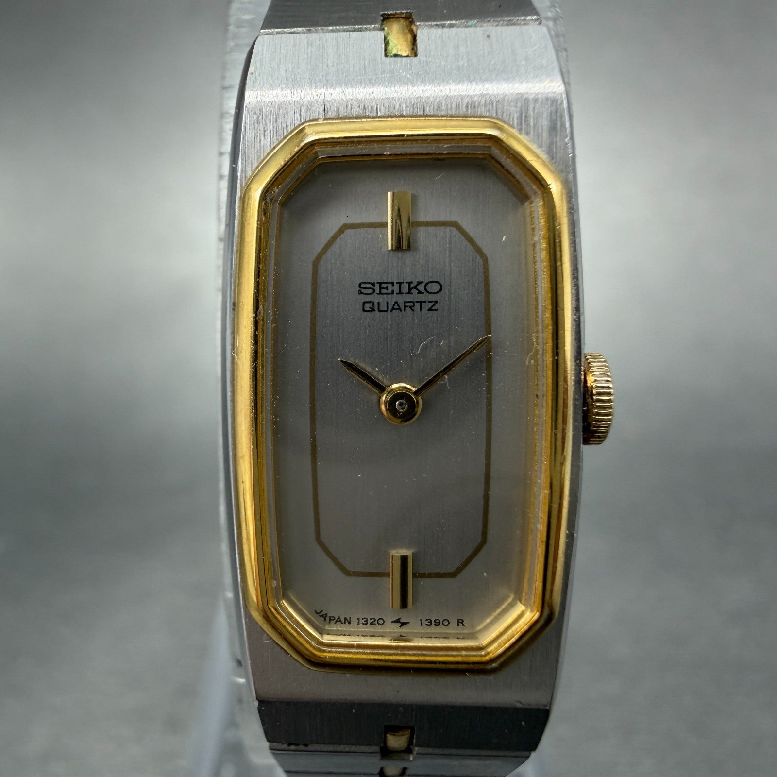 Seiko Tank Watch Women 14mm Silver Dial Two Tone 1320-6029 Rectangle New Batt HJ1