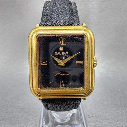 Waltham Maxim Tank Watch Women 26mm Black Dial Gold Tone Rectangle New Battery0