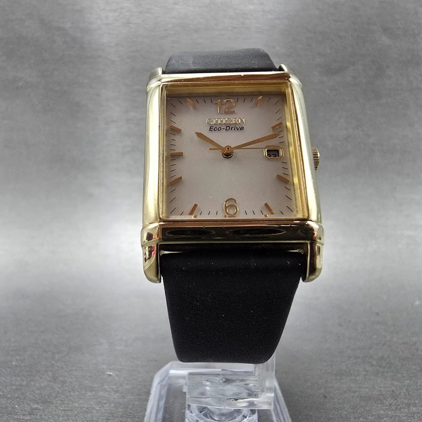 Citizen Eco-Drive Tank Watch Men 25mm Silver Dial Gold Tone Rectangle Date RunsK5