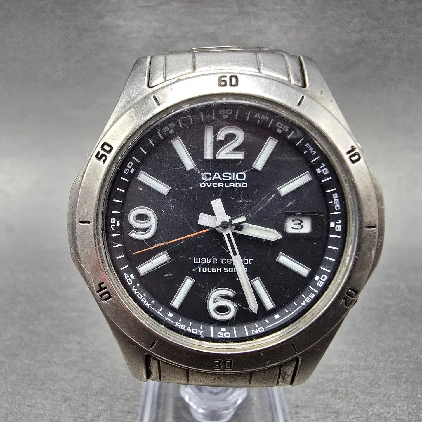 Casio Overland Wave Watch Men 42mm Black Dial Titanium Date Solar Round READ!!!!0