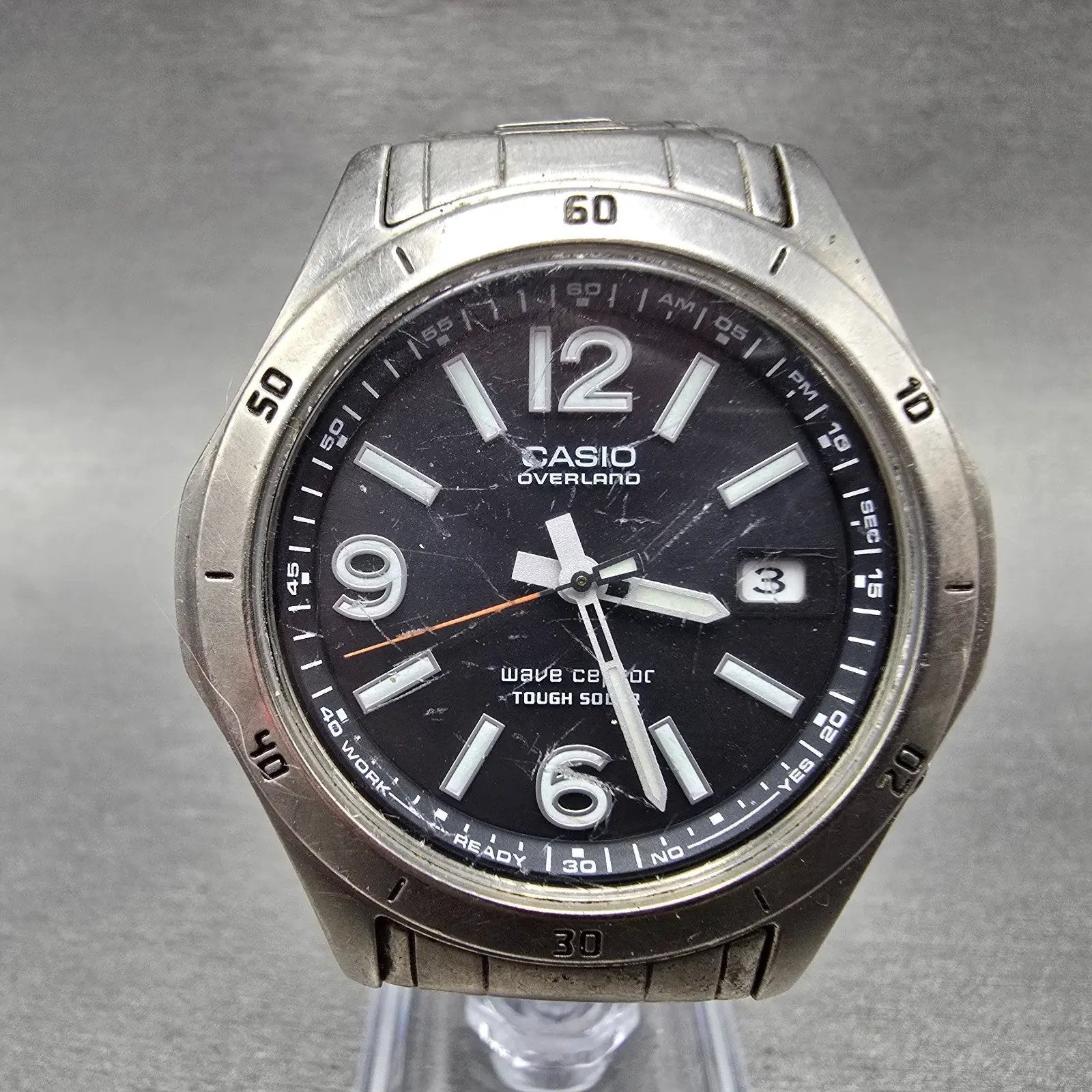 Casio Overland Wave Watch Men 42mm Black Dial Titanium Date Solar Round READ!!!!0