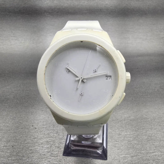 Swatch BASIC WHITE Chronograph Watch Men White Dial White Date SUSW400 New Batt0
