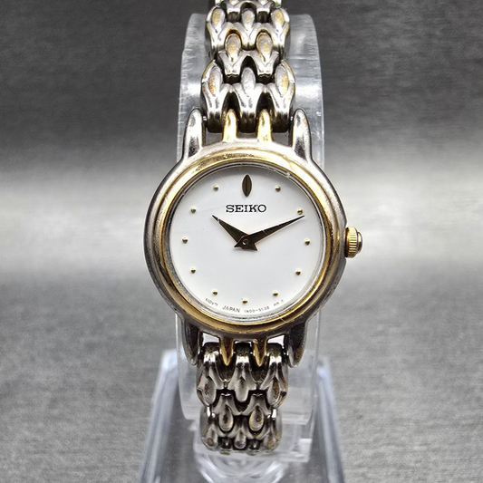 Seiko Watch Women 19mm White Dial Two Tone Round 1N00-1H20 New Battery Vintage 70