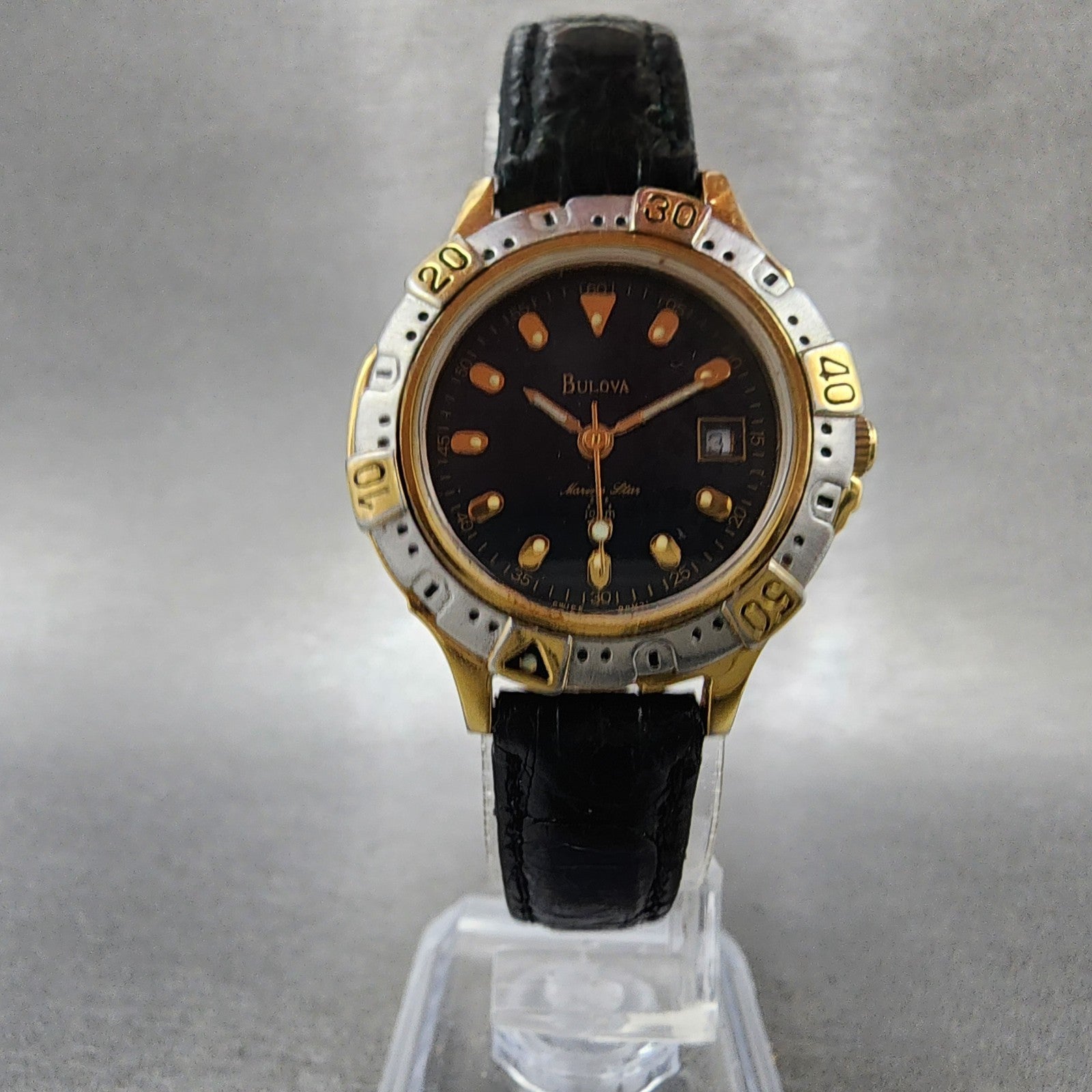 Bulova Marine Star Dive Watch Women 28mm Black Dial Gold Tone Date 98M31 PARTS6