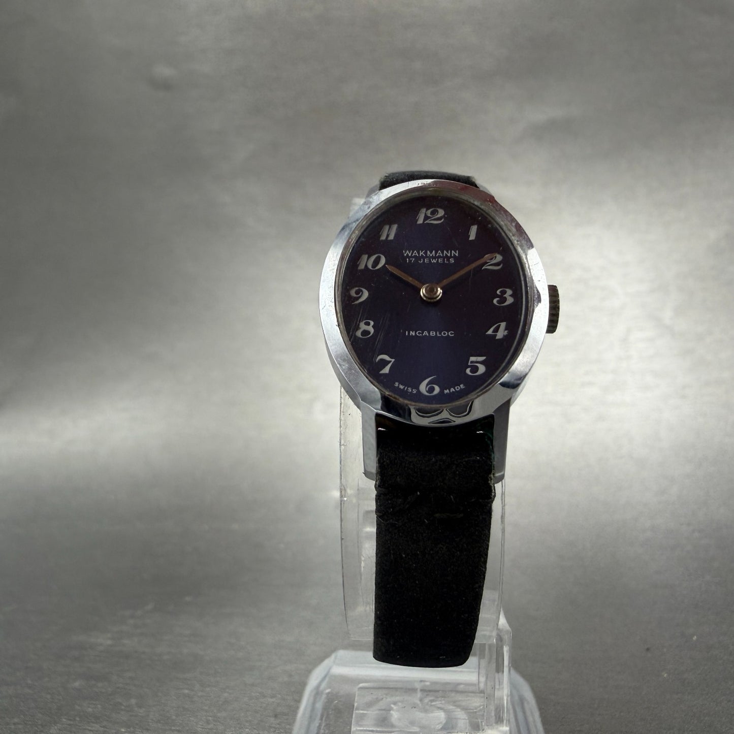 Wakmann Watch Women 20mm Blue Dial Silver Tone Oval Manual Wind Runs Vintage5