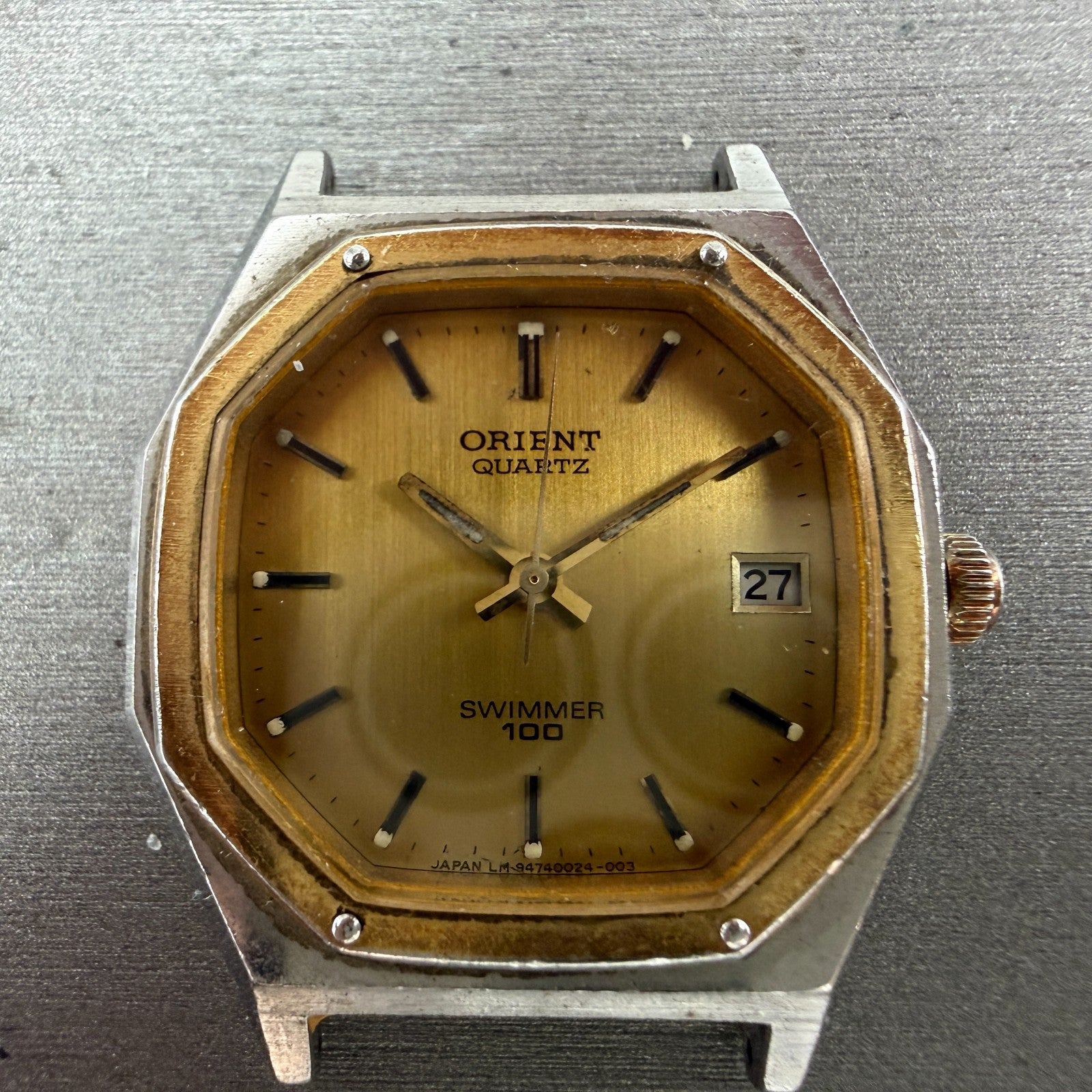 Orient Swimmer Watch Men 32mm Gold Dial Two Tone Date Octagon New Battery VTG1