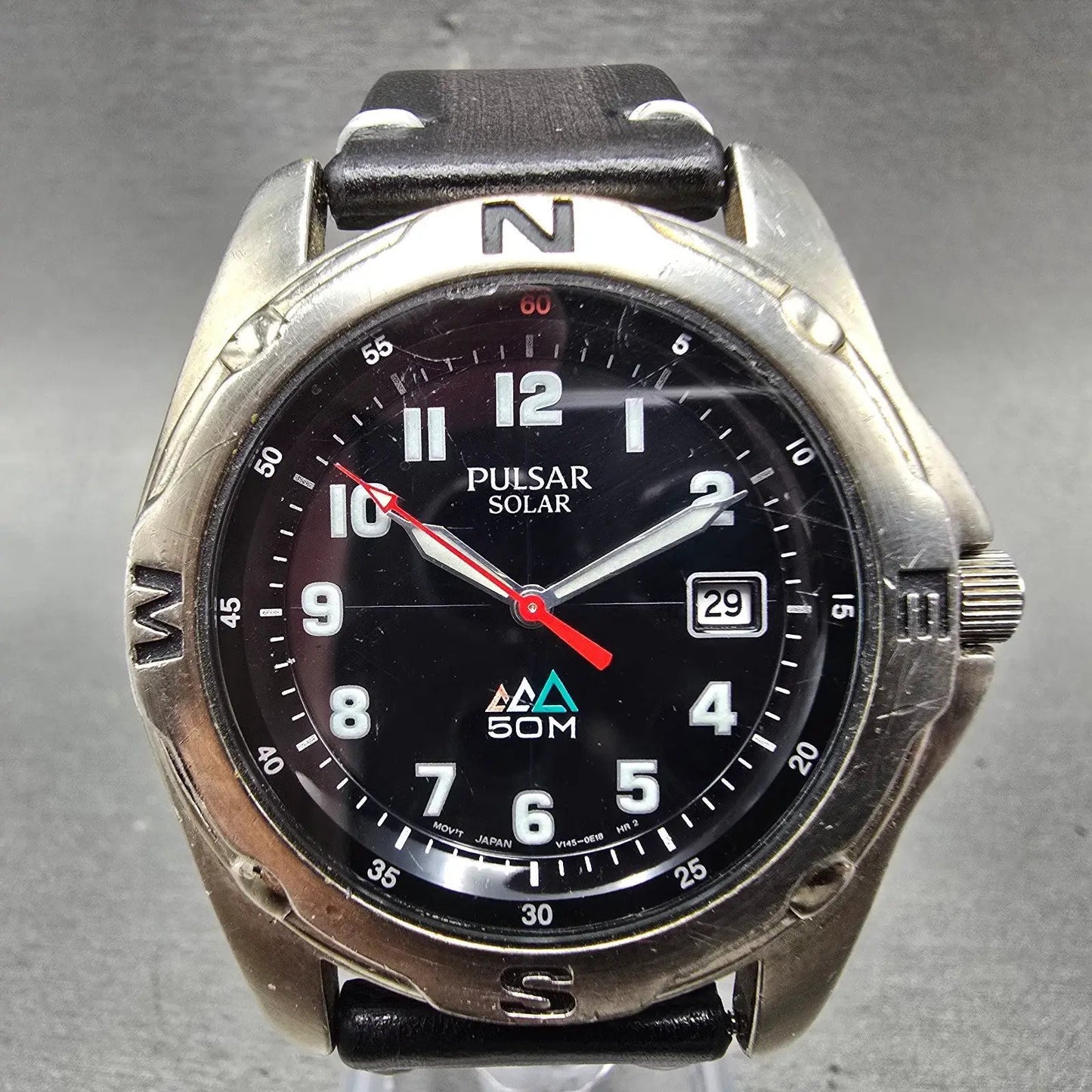 Seiko Pulsar Solar Watch Men 39mm Black Dial Silver Tone Date V145-0B90 Runs0